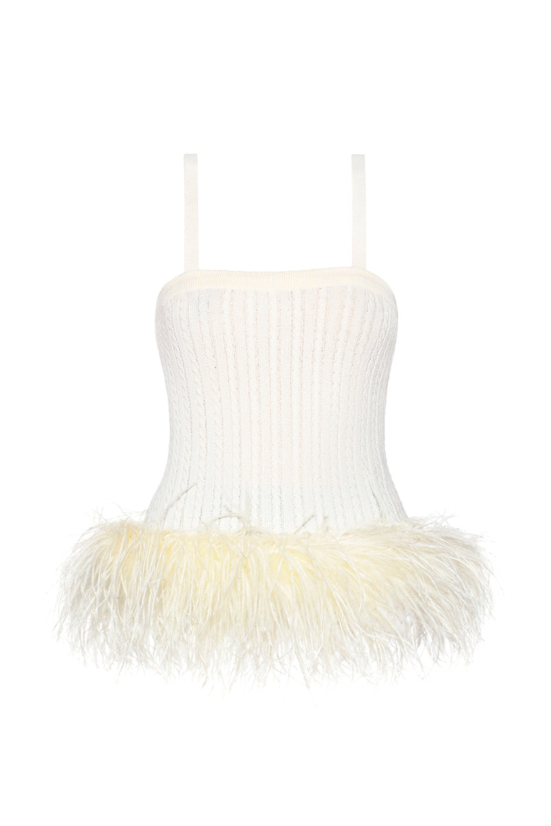 Cream ribbed feather knit top by Lalo, close-up of soft textured fabric and fitted design on a hanger.