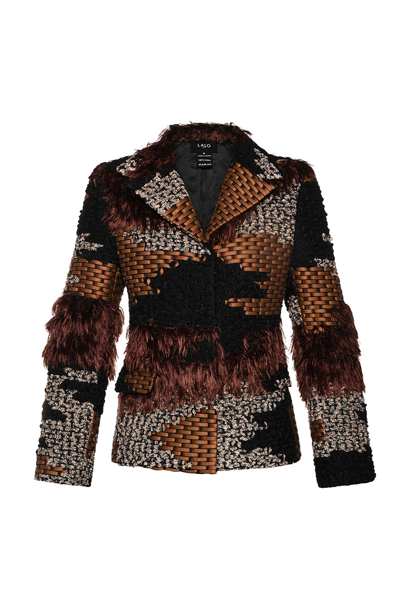 Lalo hand-knit shaped jacket in brown multi with textured knit pattern, stylish and cozy for casual wear.