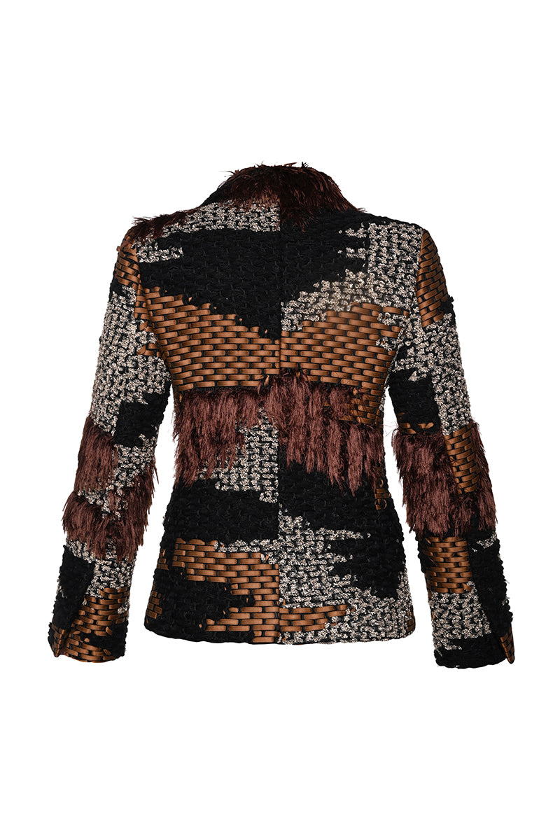 Lalo hand-knit shaped jacket in brown multi with a cozy, textured design, perfect for casual wear and layering.