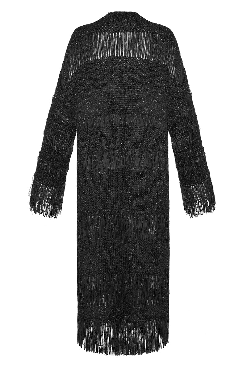 Lalo hand-knit black metallic coat with textured knit pattern and cozy fit, stylish outerwear for cold weather.