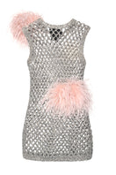 Lalo mesh mini dress with feather details, featuring a fitted silhouette and stylish design for a trendy look.