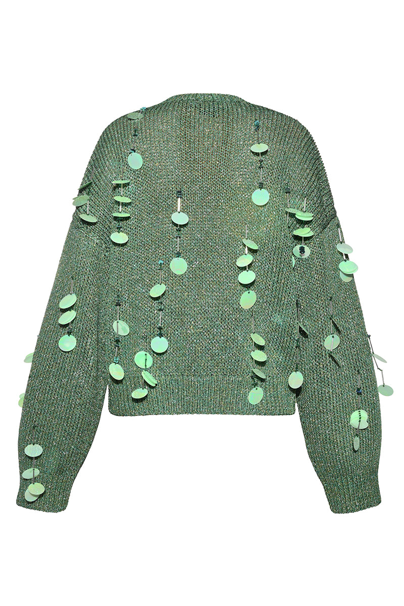 Lalo hand-knit green cardigan with subtle embellishments, featuring a cozy fit and intricate knit pattern.