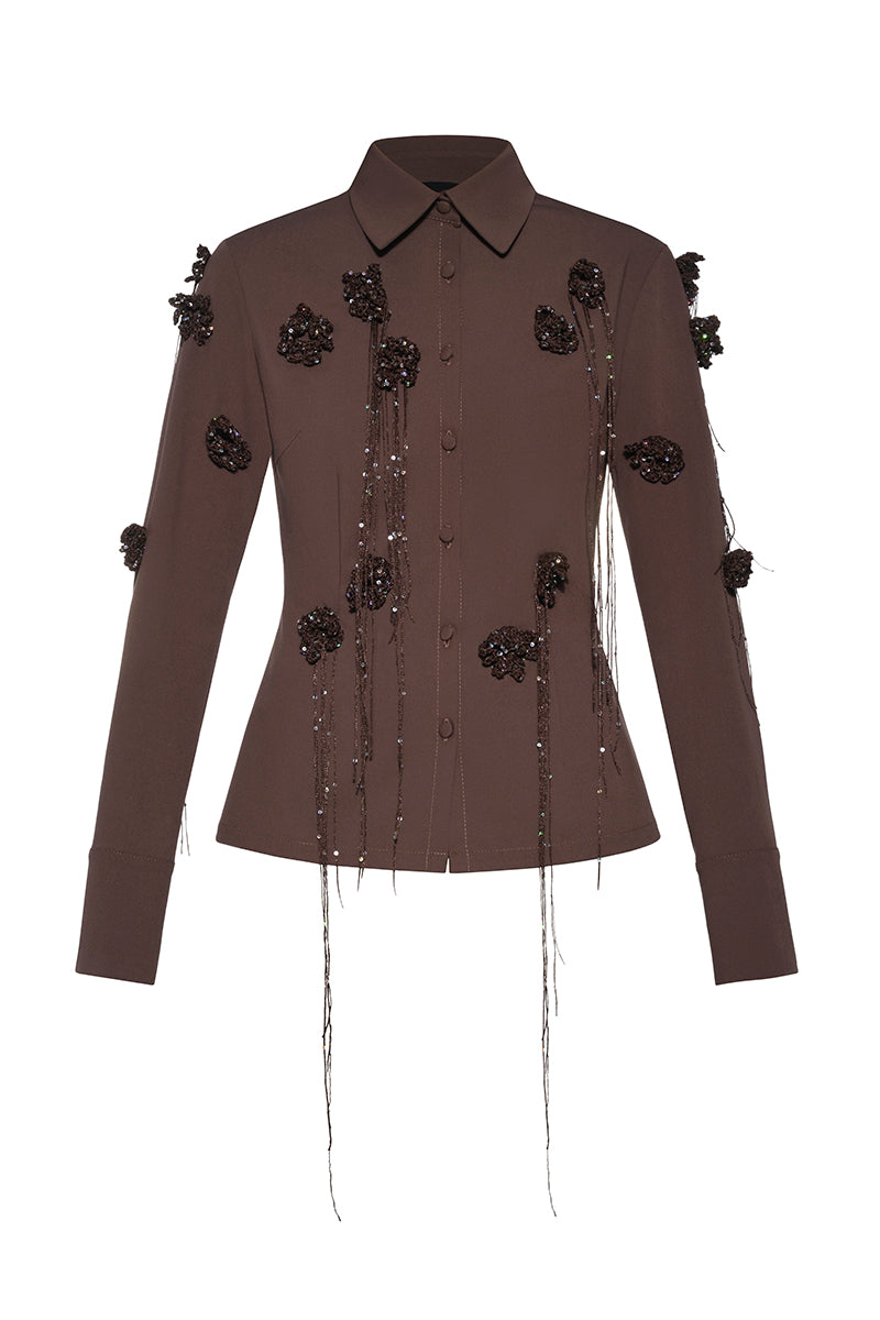 LONG SLEEVE BUTTON TOP WITH KNITTED FLOWERS