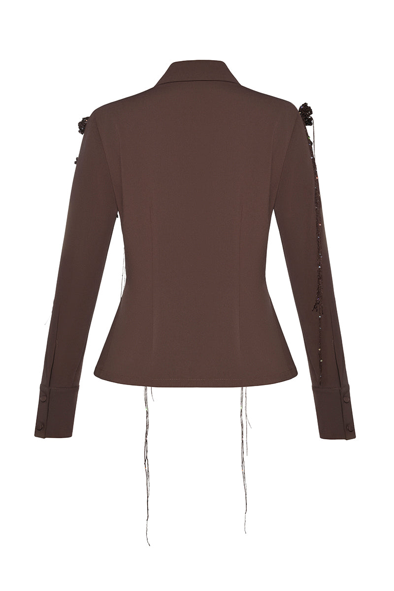 Lalo long sleeve button top with knitted floral accents, featuring a stylish design and classic button-up front.