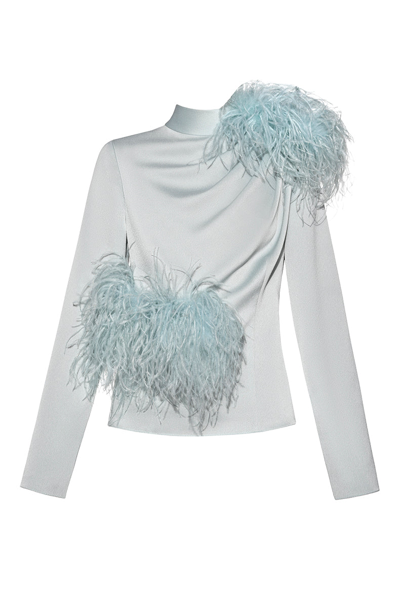 HIGH NECK TOP WITH FEATHER DETIALS IN SKY BLUE