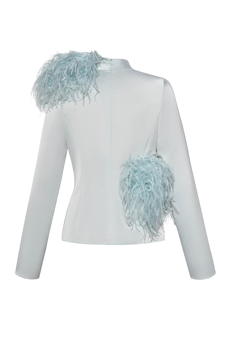 Sky blue high neck top with feather details from Lalo, featuring a stylish and elegant design.