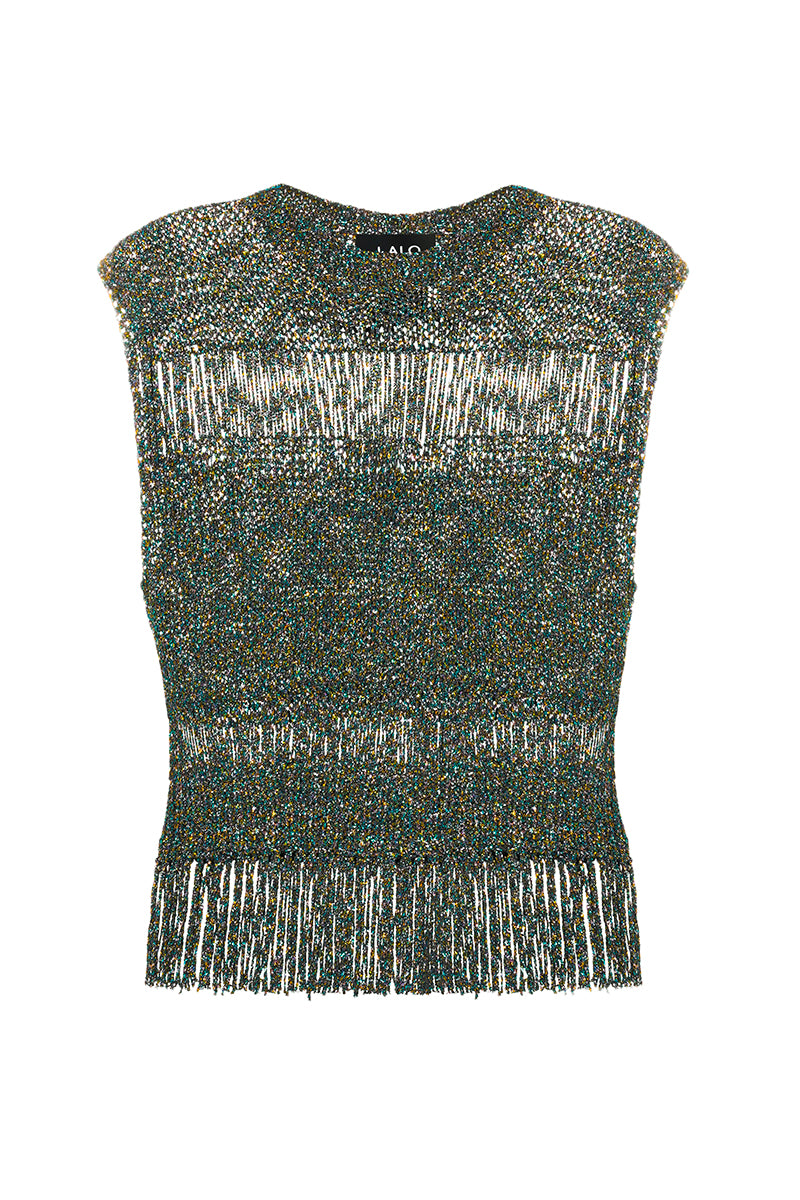 HAND KNIT METALLIC VEST WITH EMBELLISHEMENTS