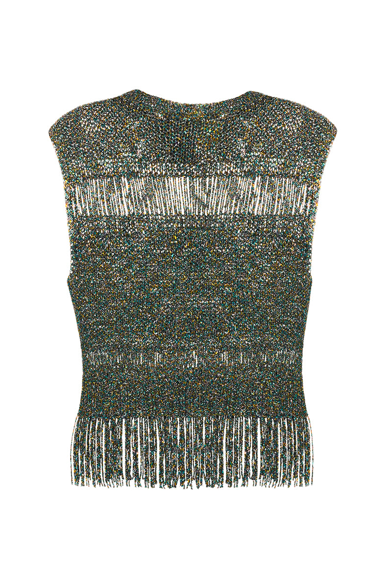 Hand-knit metallic vest with embellishments, stylish top by Lalo featuring shimmering yarn and intricate detailing.