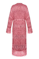 Lalo hand-knit pink metallic coat with a cozy fit, featuring textured knit patterns and a stylish, shiny finish.