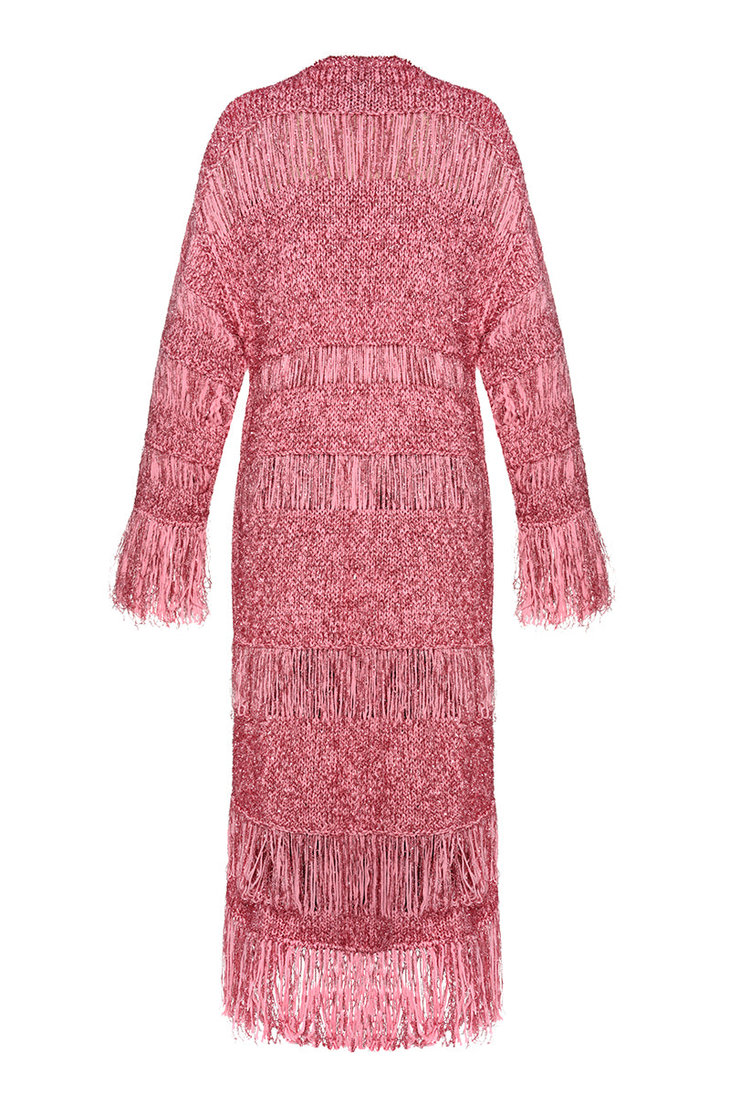 Lalo hand-knit pink metallic coat with a cozy fit, featuring textured knit patterns and a stylish, shiny finish.