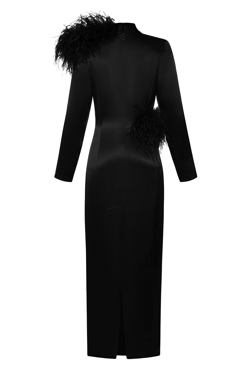 LONG SLEEVE HIGH NECK BLACK DRESS WITH FEATHER DETIALS | CULT MIA | Lalo LONG SLEEVE HIGH NECK BLACK DRESS WITH FEATHER DETIALS | CULT MIA | Lalo