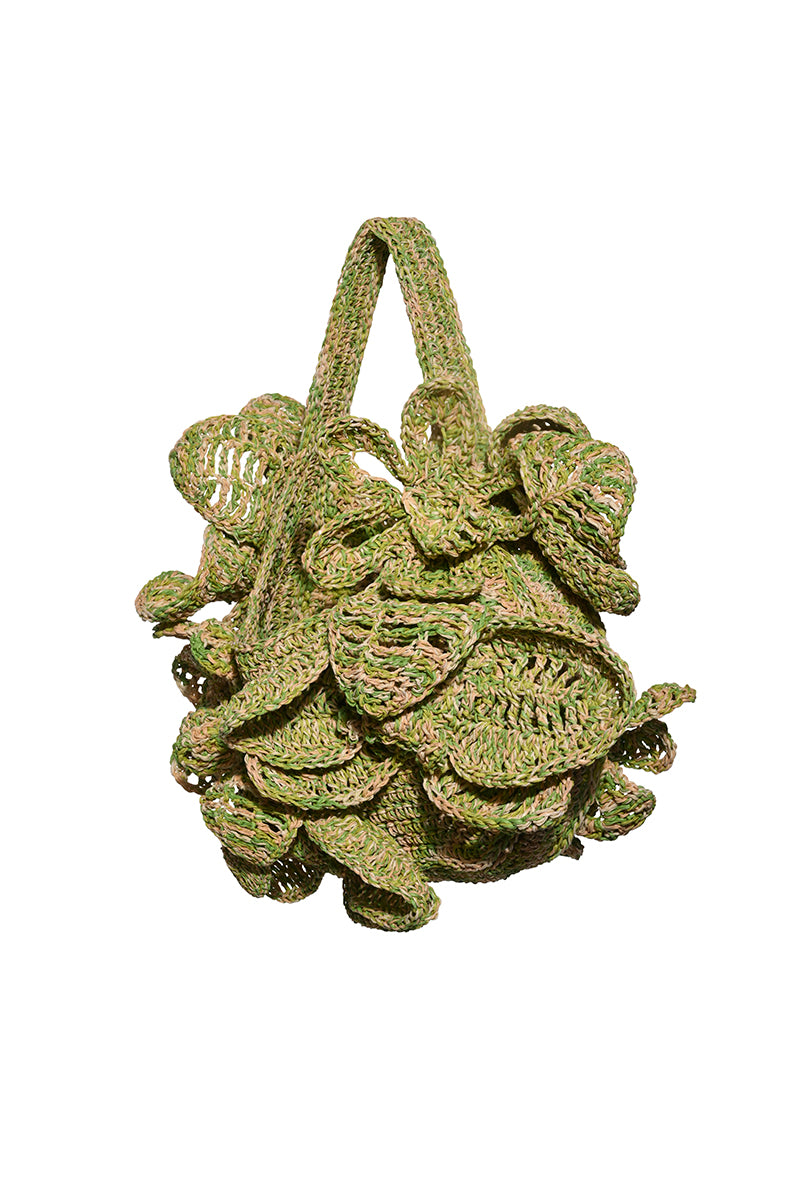 Lalo handcrafted ruffle raffia shoulder bag with woven texture, featuring ruffle details and natural straw finish.