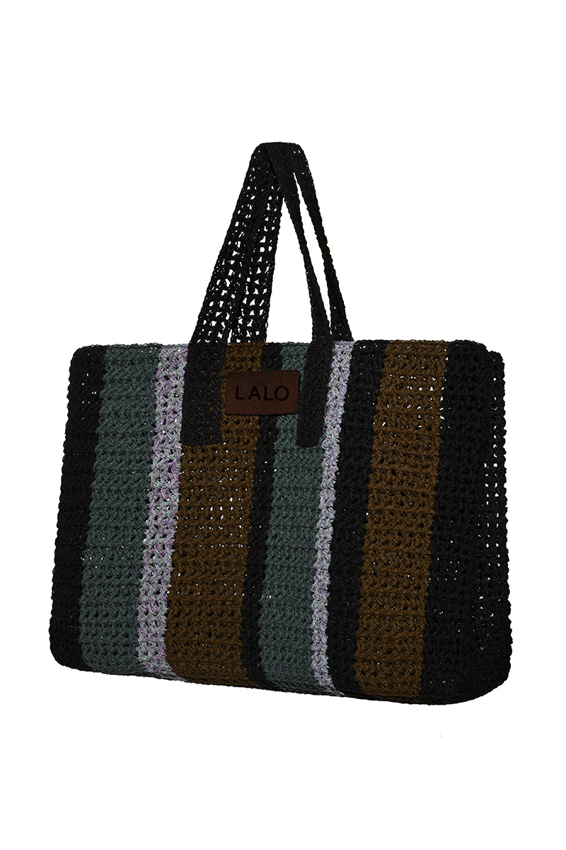 Handcrafted striped raffia shoulder bag by Lalo with natural woven design and sturdy shoulder strap.