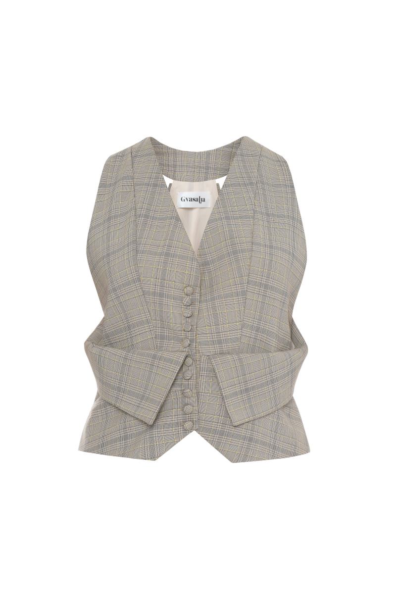 Beige checked V-neck waistcoat by Gvasalia, featuring a tailored fit and stylish V-shaped neckline.