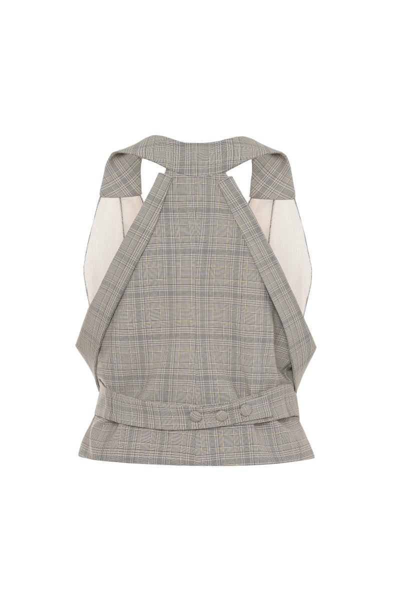 Beige checked V-neck waistcoat from Gvasalia, tailored vest with a V-neck design and checkered pattern, displayed on a hanger.