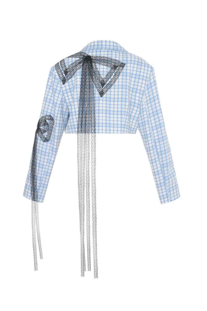 DOUBLE BREAST CROPPED BLAZER WITH BOW TIE IN BLUE AND BLACK - CULT MIA