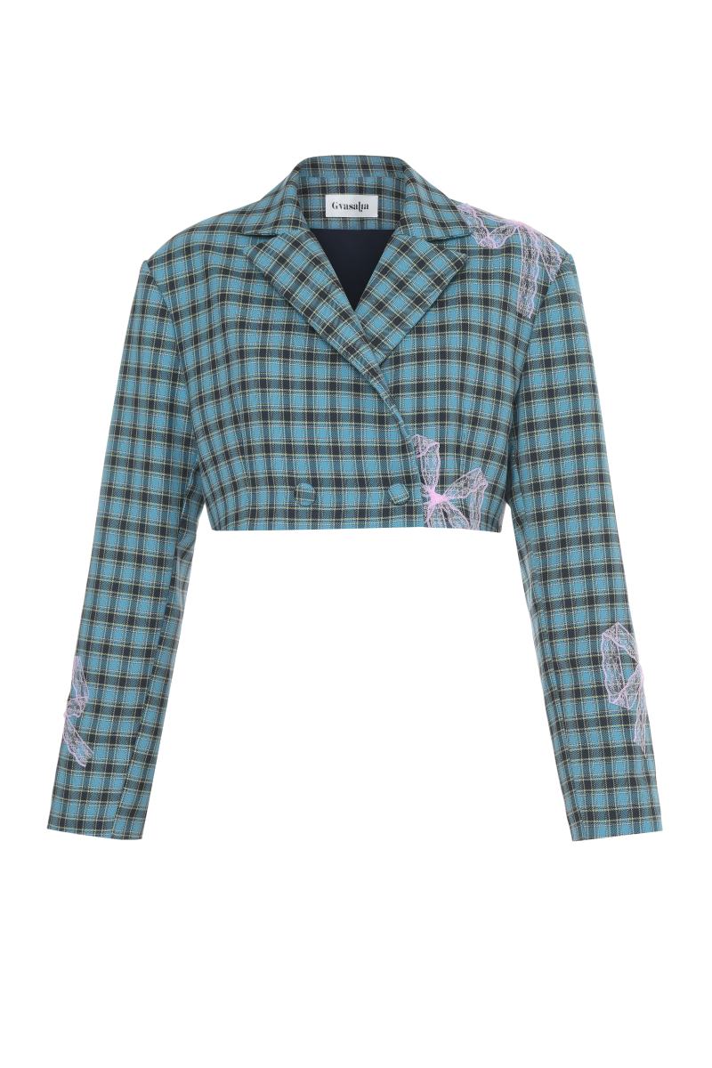 Gvasalia double-breasted cropped blazer with bow tie in teal and pink, featuring tailored design and stylish lapels.