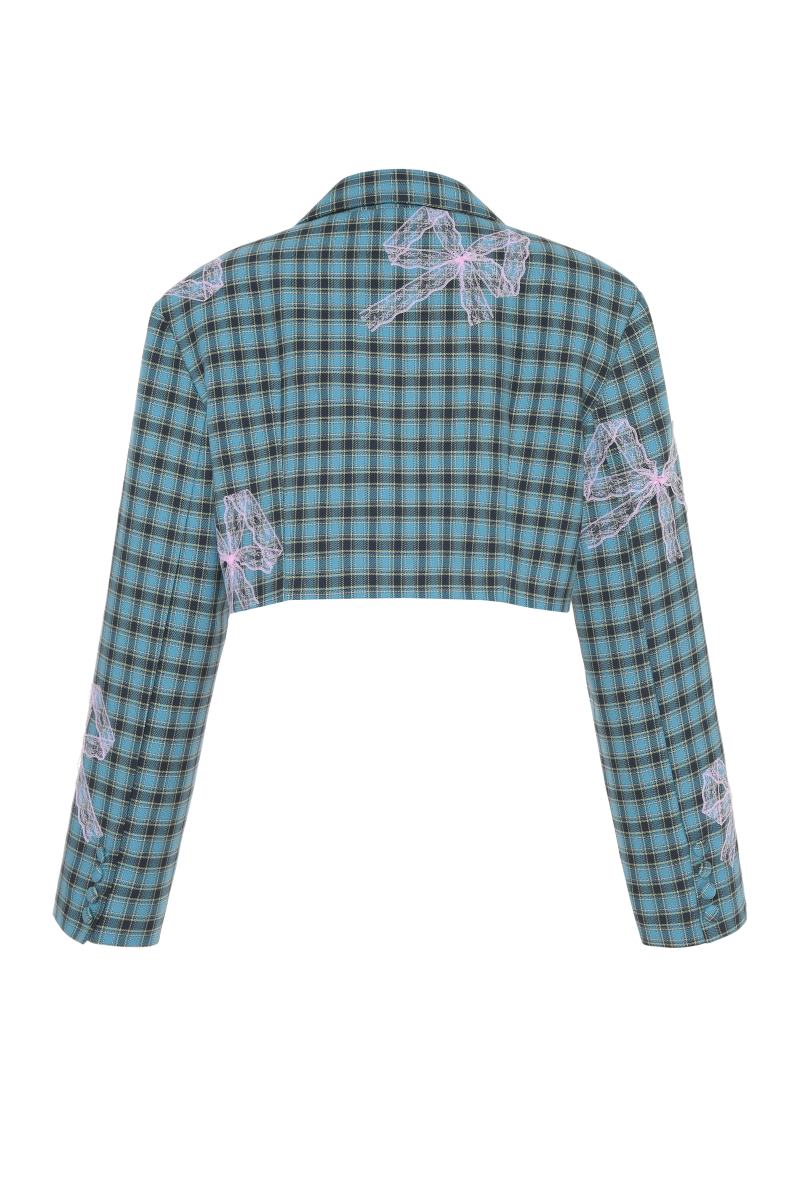 DOUBLE BREASTED CROPPED BLAZER WITH BOW TIE IN TEAL AND PINK - CULT MIA