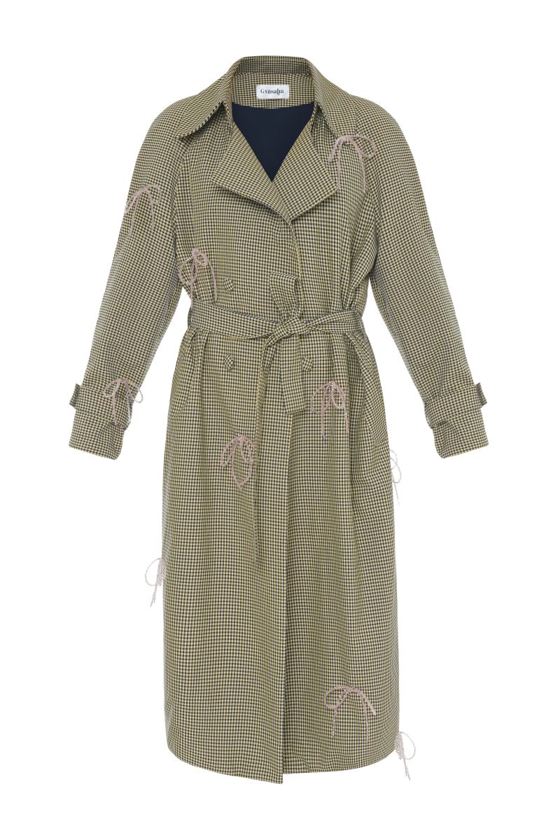 Gvasalia gingham trench coat with crystal bow accents in yellow and pink, stylish outerwear for a chic look.