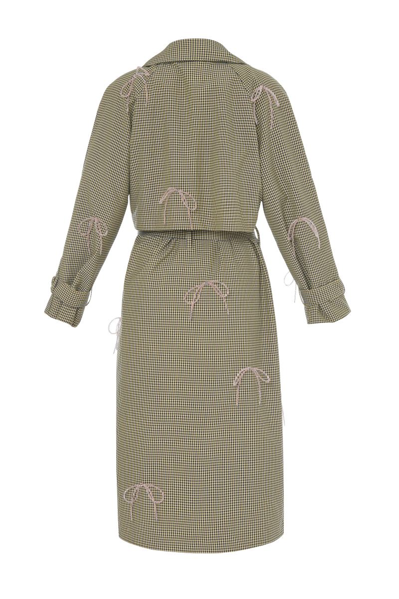 Gvasalia yellow and pink gingham trench coat with crystal bow accents, stylish lightweight outerwear for women.