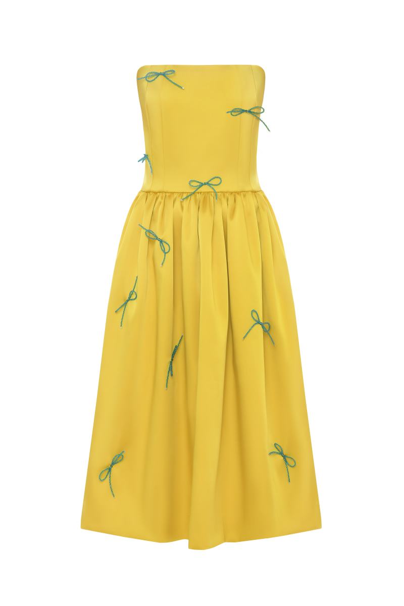 CORSET DRESS WITH CRYSTAL BOW TIES IN YELLOW AND TEAL - CULT MIA