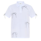 Gvasalia white polo shirt with crystal bow ties, stylish tops featuring elegant silver accents and classic design.
