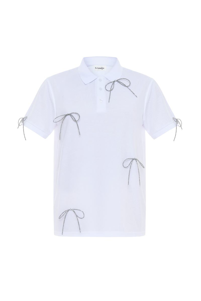 Gvasalia white polo shirt with crystal bow ties, stylish tops featuring elegant silver accents and classic design.