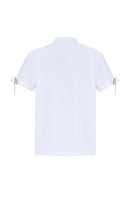 Gvasalia white polo shirt with crystal bow ties, stylish tops with silver accents, close-up of the elegant design and fabric details.