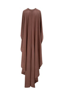 FIZA Mocha Cape jacket by MASTANI displayed on a hanger, showcasing its stylish design and mocha color on a plain background.