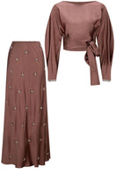Beaded cuff top and embellished skirt co-ord set by Mastani, featuring intricate beadwork and detailed embroidery.