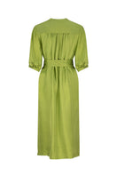 Mastani NANI shirt dress, midi length, lightweight fabric, button-down front, long sleeves, casual stylish dress on a hanger.