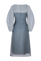 Liba Organza Dress by Mastani, elegant midi dress with flowing organza fabric, showcased in a stylish fashion image.