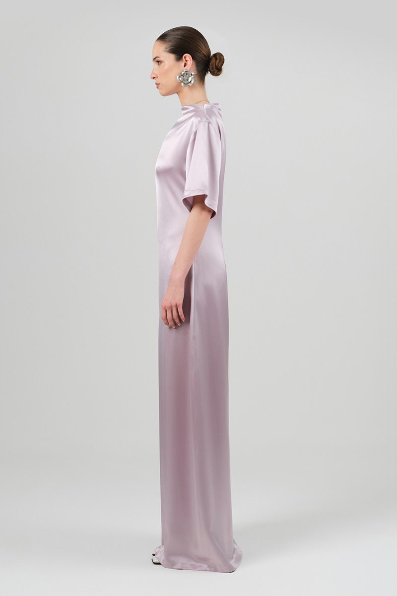 Lavender Gabrijela T-shirt dress by Izakova, a stylish maxi dress with a relaxed fit and soft fabric, shown on a model.