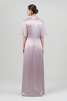 Izakova lavender maxi T-shirt dress with relaxed fit and short sleeves, casual style, shown on a model.