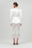 White satin blazer by Izakova, Azera blazer with tailored fit and elegant design, shown on a hanger.