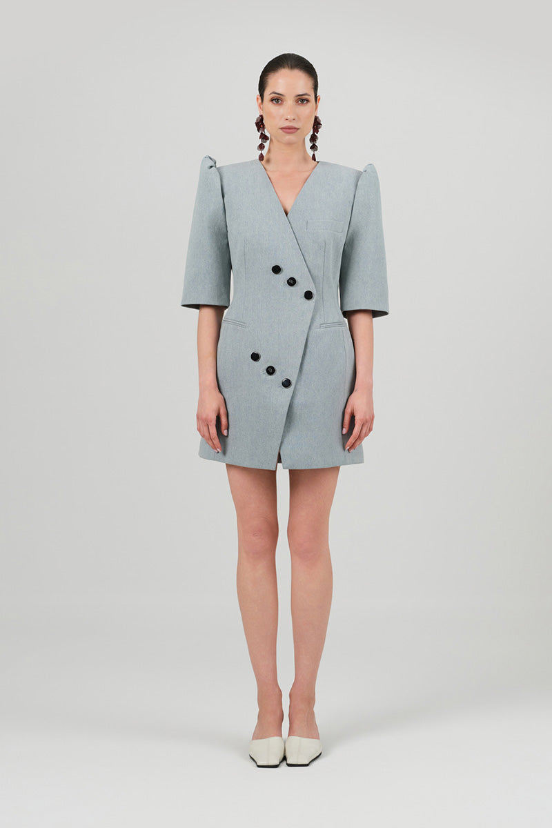 Izakova Mila blazer dress in washed blue, mini length with structured blazer style and tailored fit, stylish and versatile for various occasions.