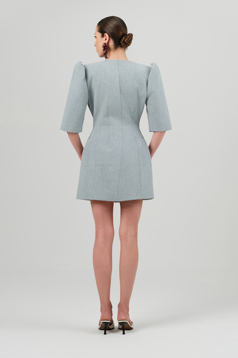 Izakova Mila blazer dress in washed blue, featuring a tailored mini dress with structured blazer details and long sleeves.