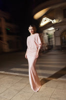 Silk open back fishtail gown by 21Six, featuring elegant design and flowing fabric, perfect for formal occasions.