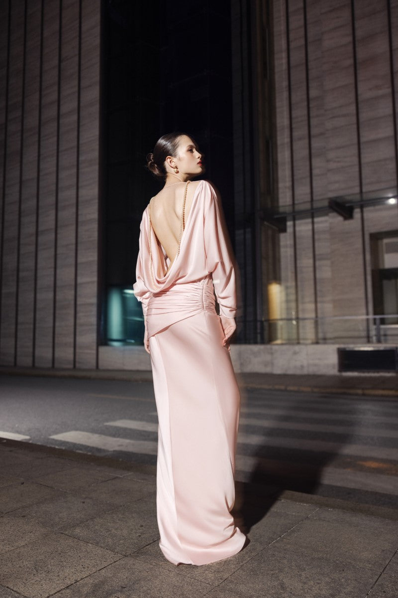 Elegant black silk Harper open back fishtail gown by 21Six, featuring a fitted silhouette and flowing train.