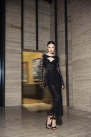 Black Avery floral lace cut-out midi dress by 21Six, featuring intricate lace details and stylish cut-outs.