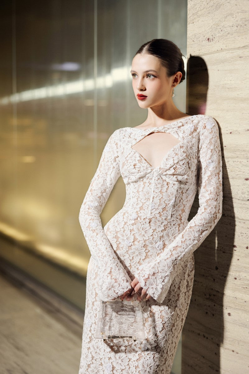 AVERY FLORAL LACE CUT OUT DRESS IN BEIGE - CULT MIA