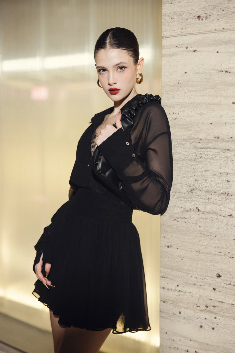 BLAIR CHIFFON FLARED MINI DRESS MIX LACE BRA - CULT MIA