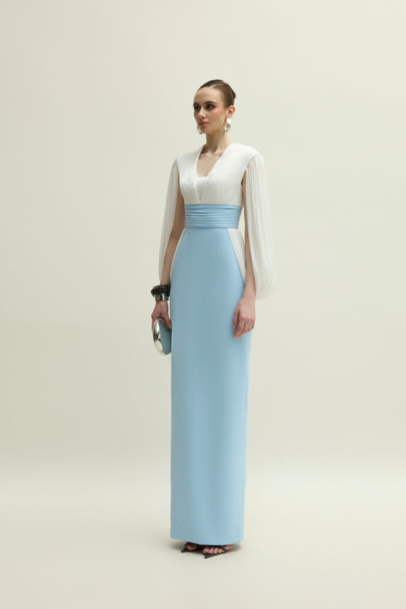 Elegant white and blue Duchess gown by Jenny K Tran, featuring intricate detailing and flowing fabric for formal occasions.