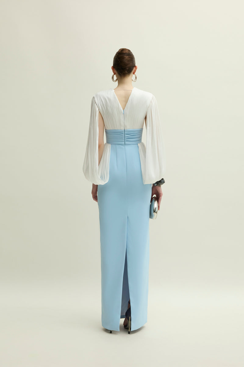 Elegant white and blue Duchess gown by Jenny K Tran, featuring intricate detailing and flowing fabric, perfect for formal occasions.