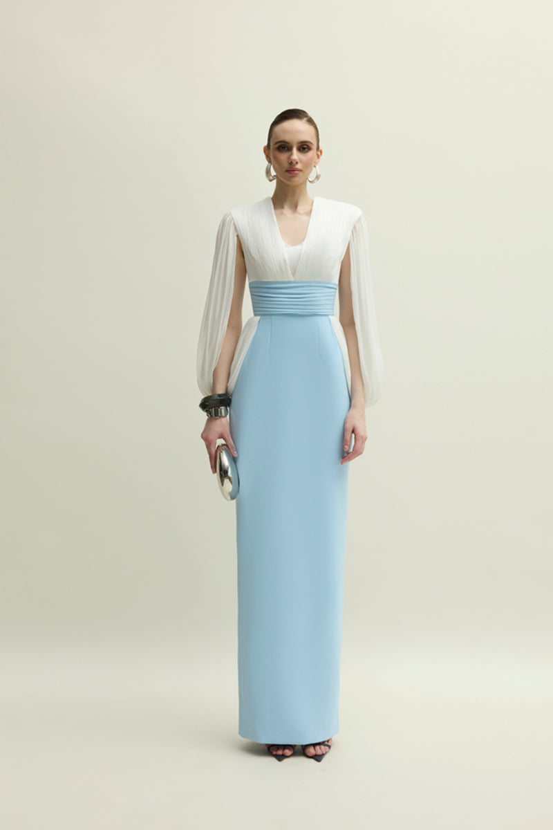 Elegant white and blue Duchess gown by Jenny K Tran featuring intricate detailing and flowing fabric.