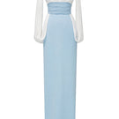 Elegant white and blue Duchess gown by Jenny K Tran, showcasing flowing fabric and intricate design details.