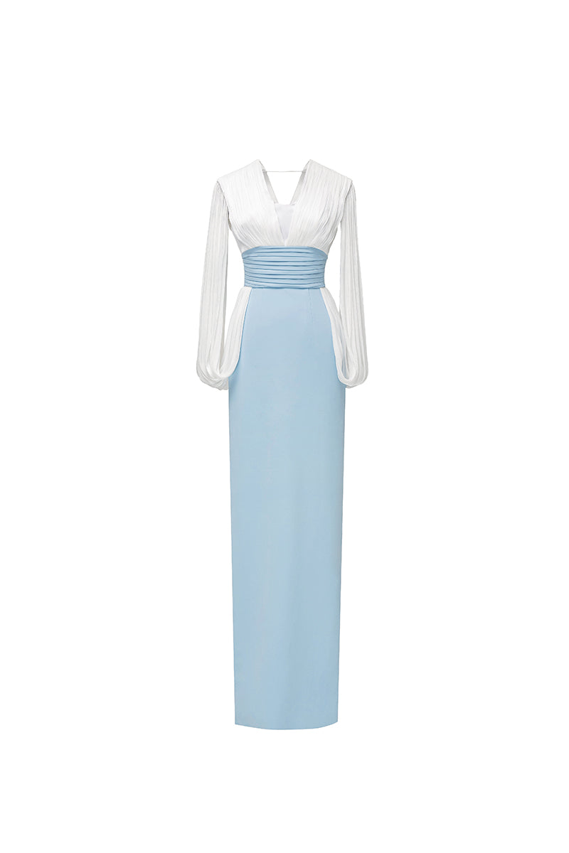 Elegant white and blue Duchess gown by Jenny K Tran, showcasing flowing fabric and intricate design details.