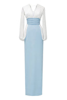 Elegant white and blue Duchess gown by Jenny K Tran, showcasing flowing fabric and intricate design details.