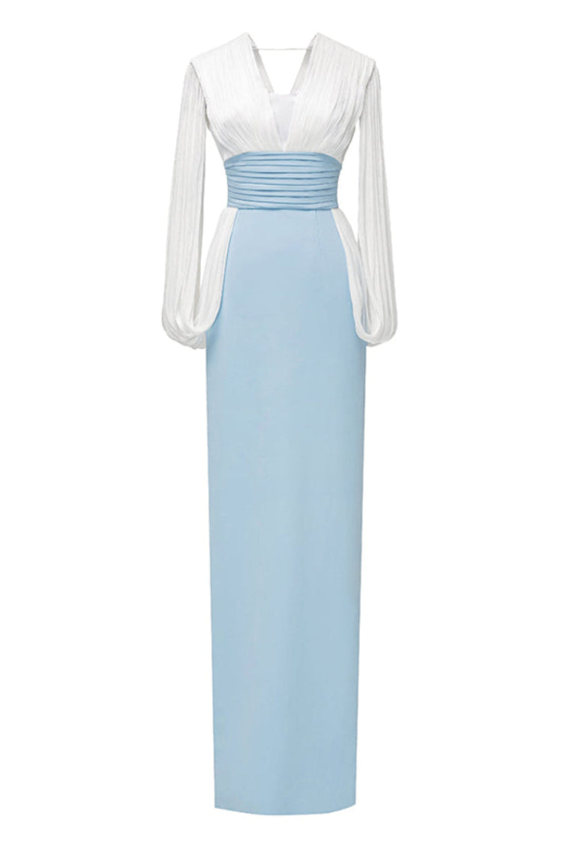 Elegant white and blue Duchess gown by Jenny K Tran, showcasing flowing fabric and intricate design details.
