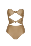 Aguaclara Dune one-piece swimsuit with a sleek design, featuring a fitted silhouette and stylish straps on a white background.